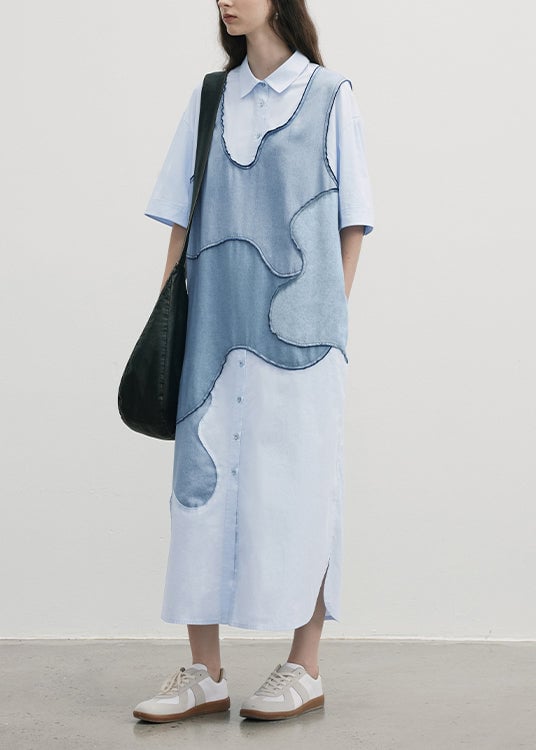 New Blue Peter Pan Collar Patchwork Cotton Shirts Dresses Summer