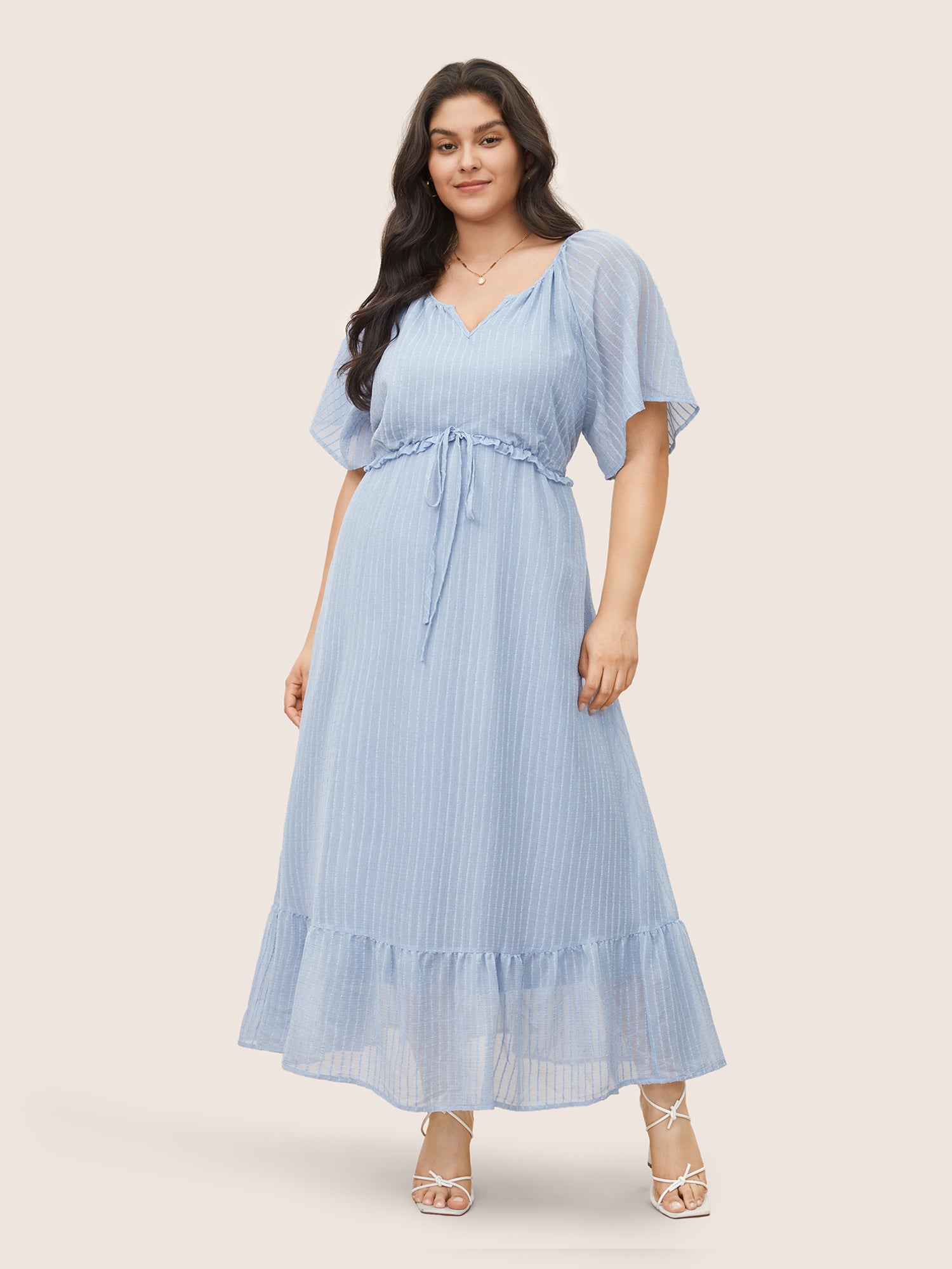 Solid Striped Notched Ties Up Pocket Flutter Maxi Dress