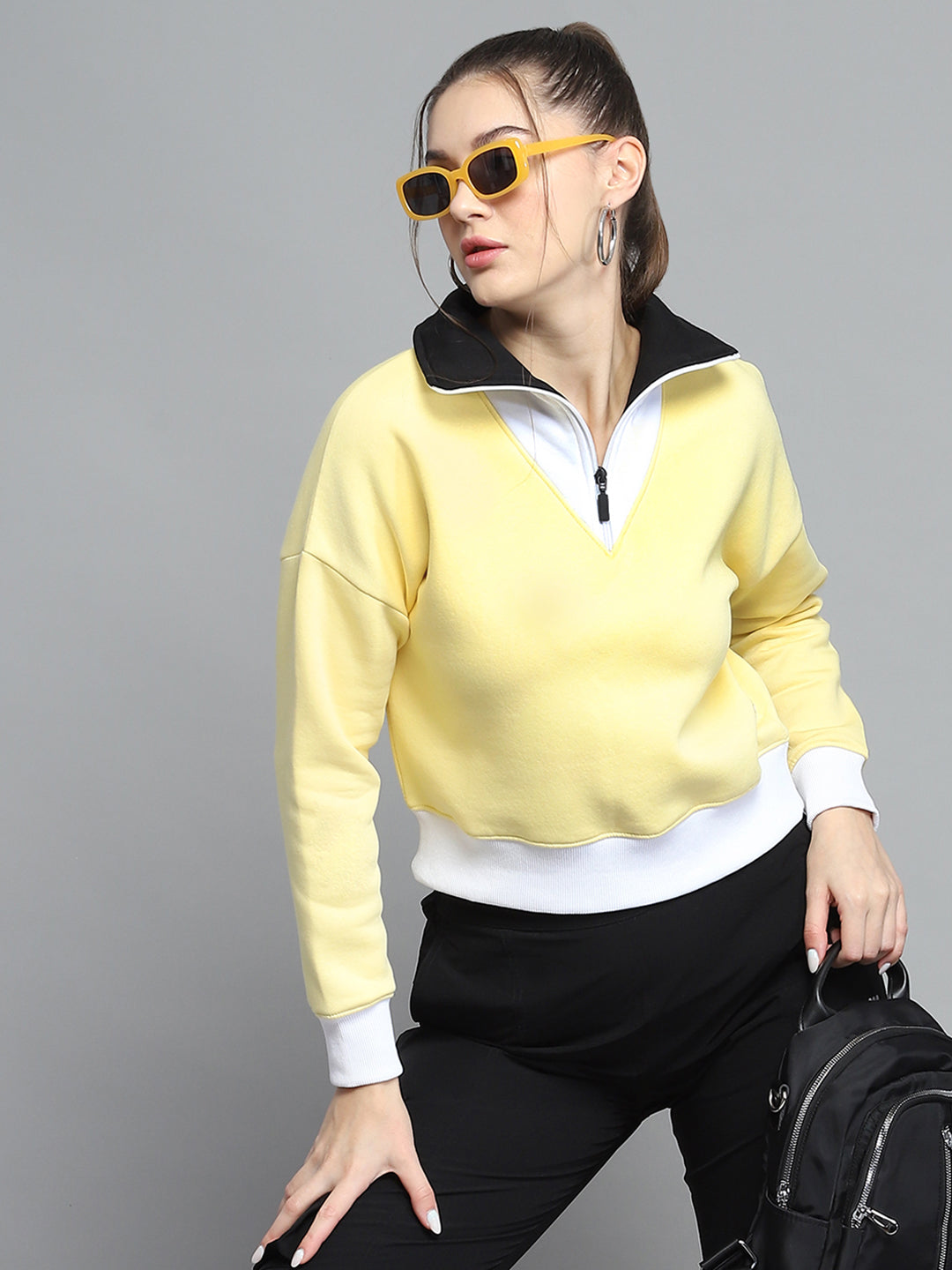 Women Yellow Solid Collar Full Sleeve Sweatshirt