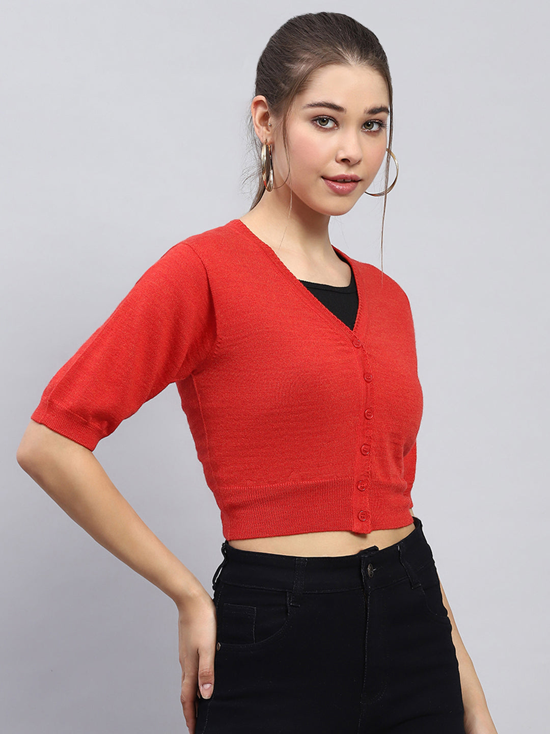 Women Red Solid V Neck Half Sleeve Blouse