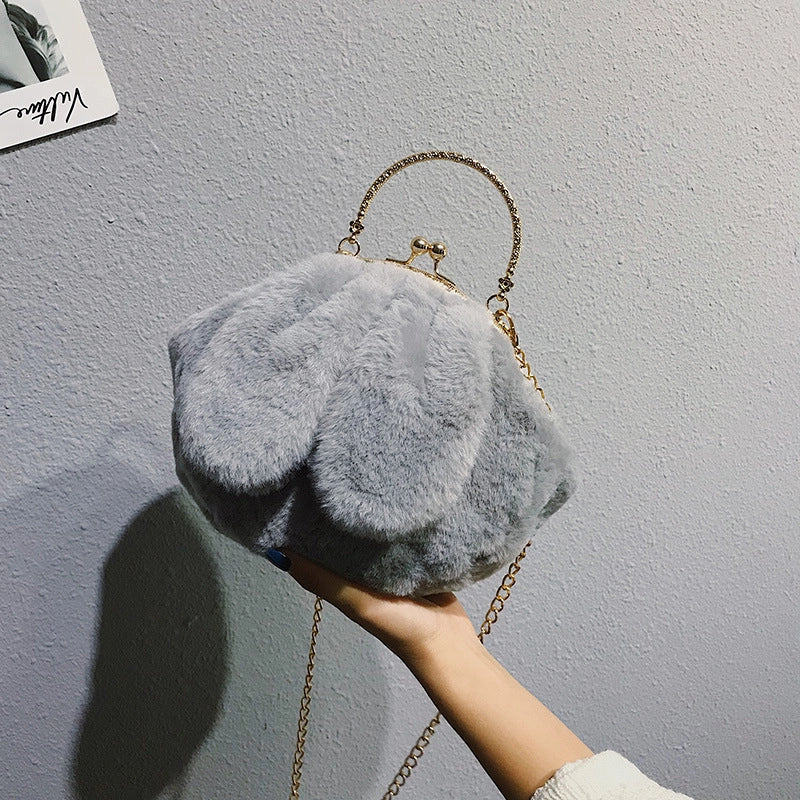 Women's Plush Rabbit Solid Color Cute Round Lock Clasp Handbag Crossbody Bag