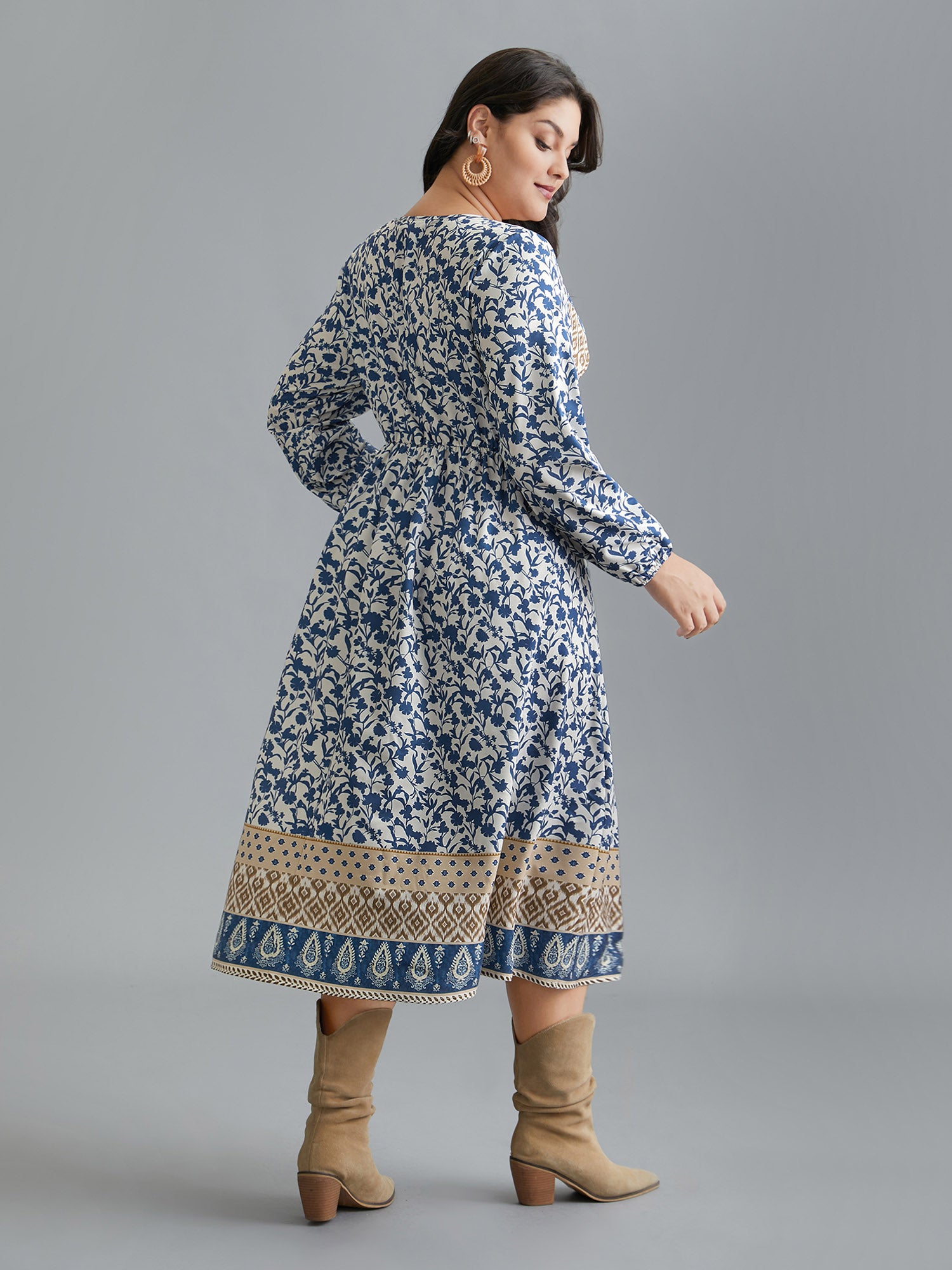 Boho Print V-Neck Waist Cinched Midi Dress