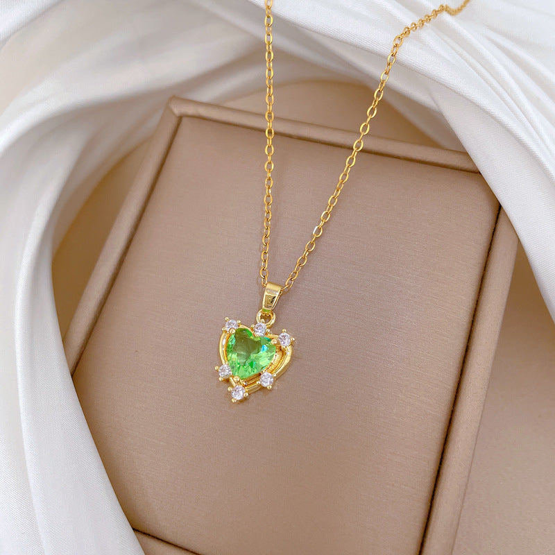 Green Love Zircon Gorgeous Full Diamond Necklace Female Versatile Clavicle Chain Titanium Steel Chain