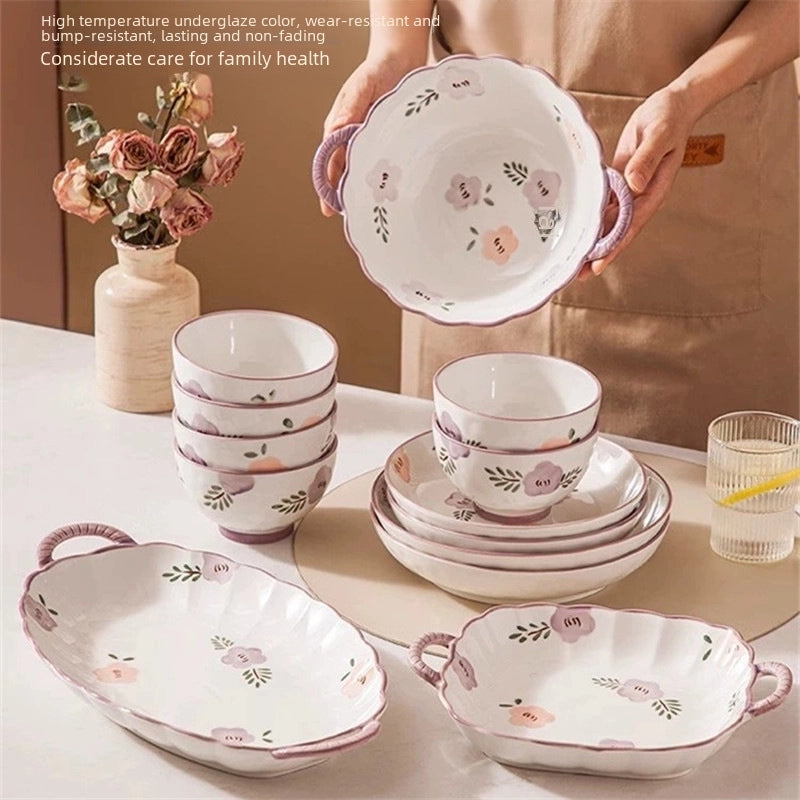 Purple Ceramic Bowl And Dish Set Household  Bowl And Dish Fresh Dinner Housewarming Dish Bowl And Chopsticks Set