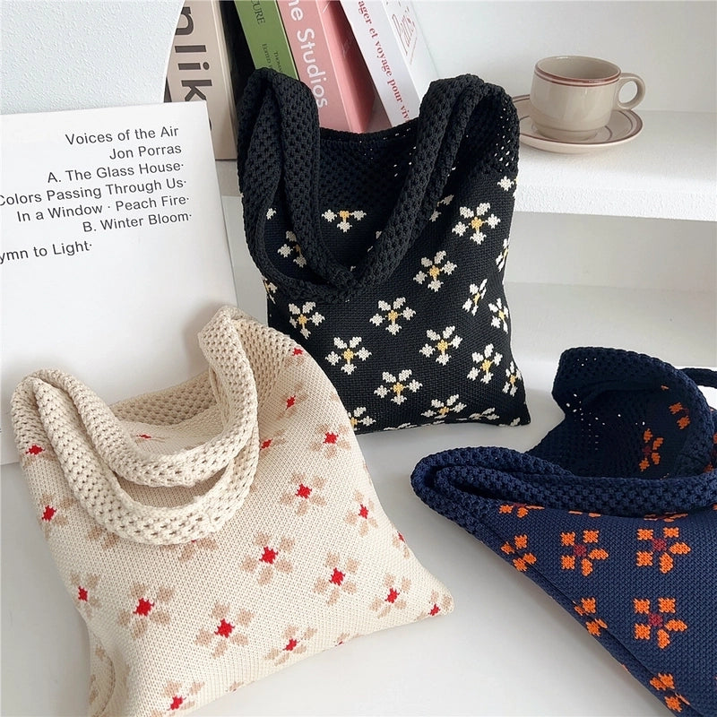 Women's Medium Knit Flower Basic Classic Style Square Open Shoulder Bag