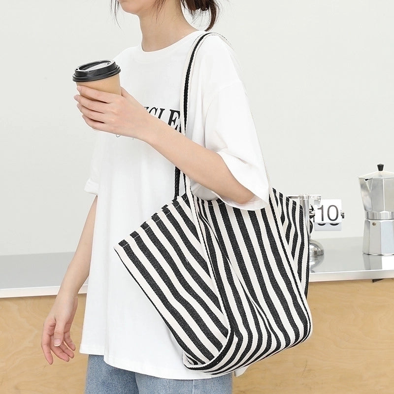 Women's Medium Canvas Stripe Streetwear Open Canvas Bag