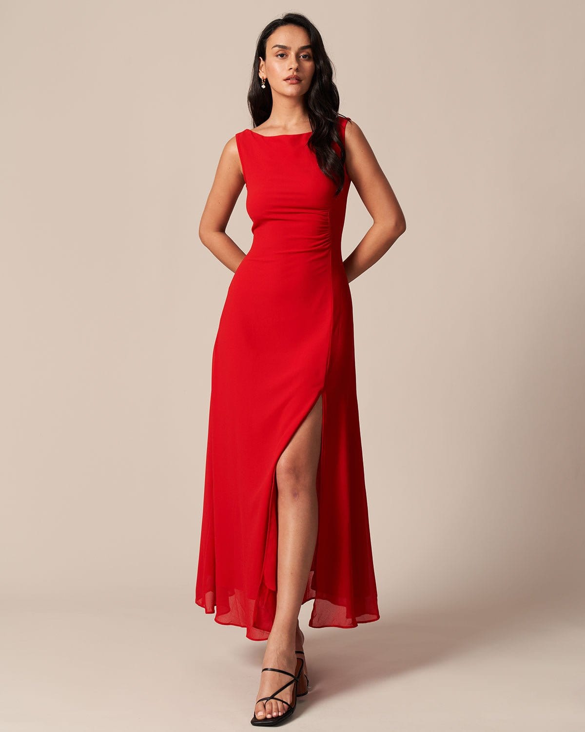 The Red Cowl Neck Cutout Ruched Maxi Dress