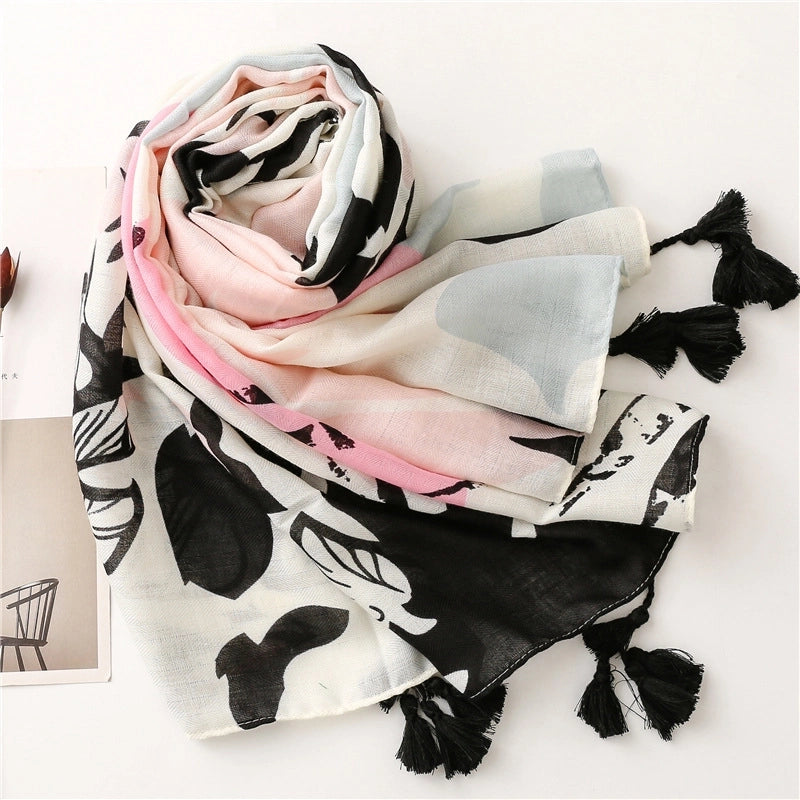 Tropical Plant Flower Printing Cotton And Linen Beach Towel Long Hanging Tassel Shawl