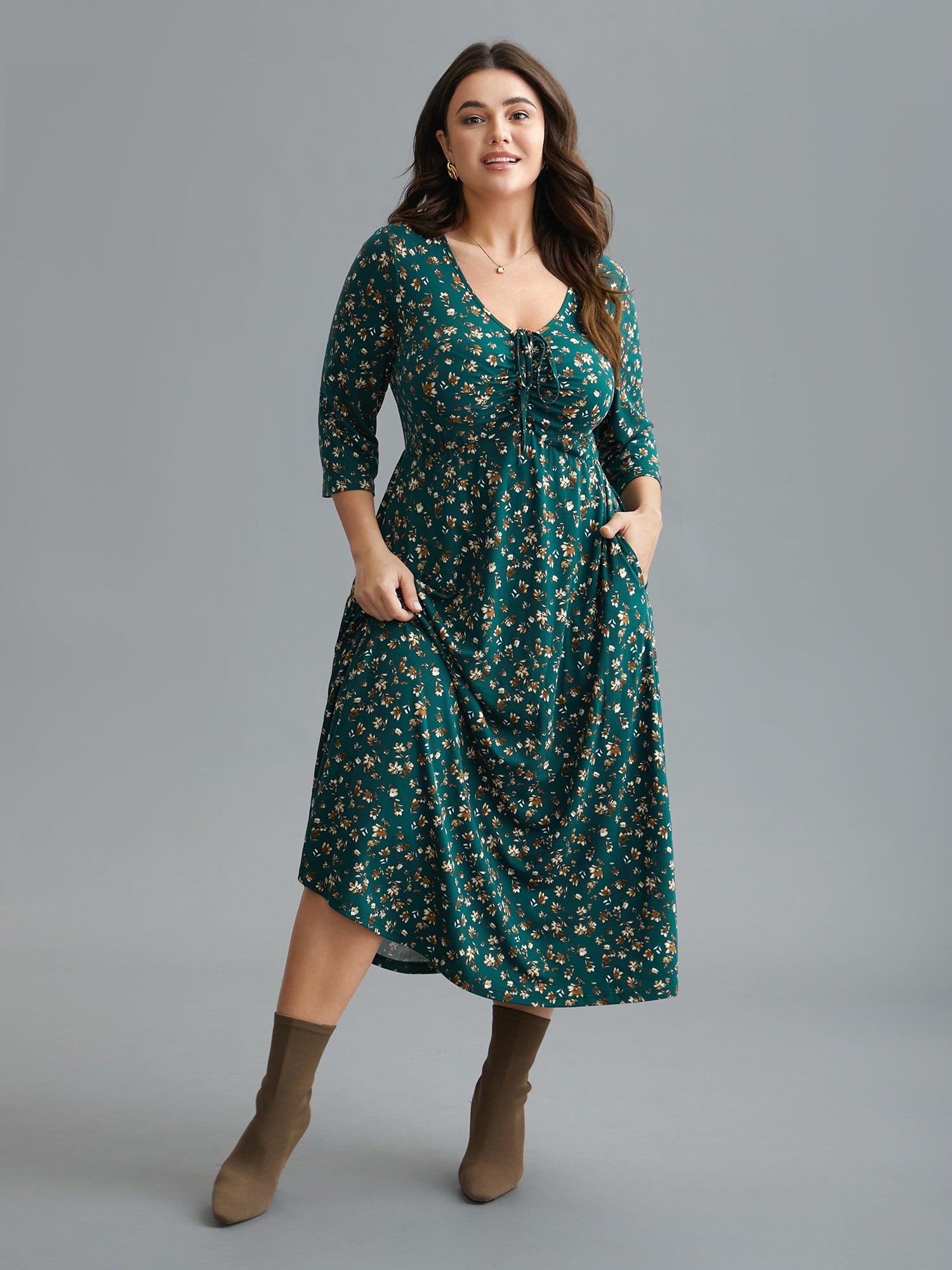 Ditsy Floral Chest Drawstring Midi Dress