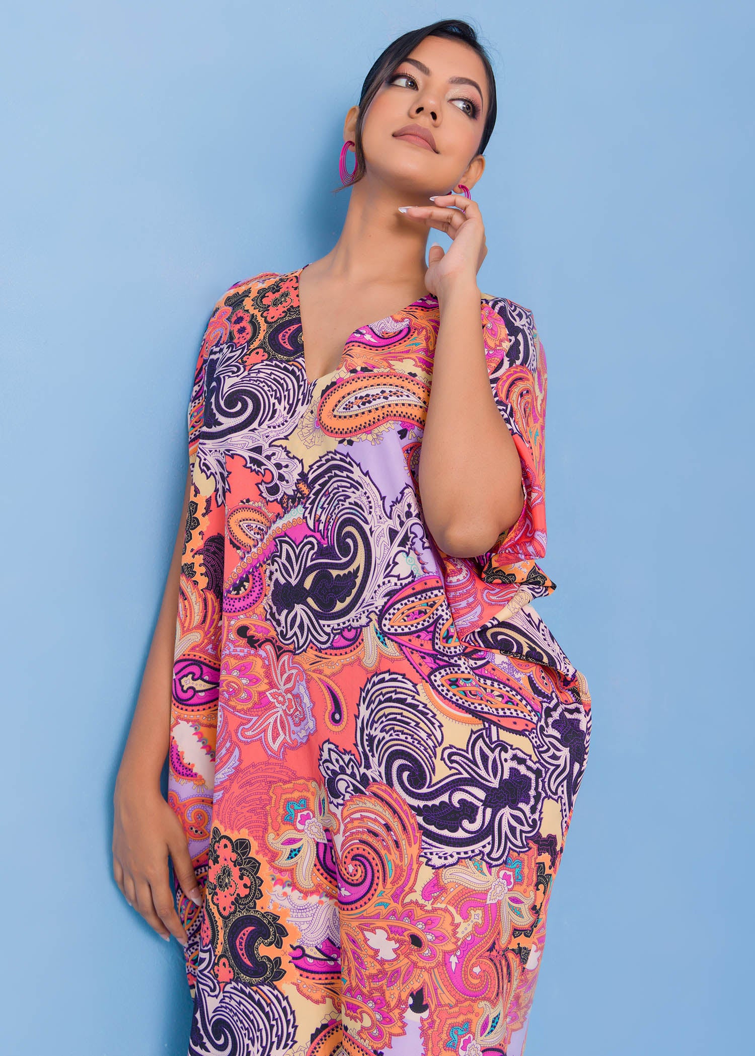 V Printed Neck Kaftan Dress