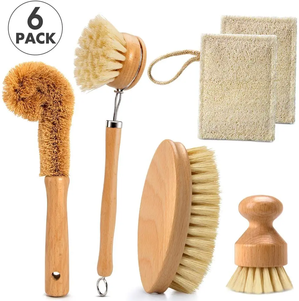 All Natural Coconut Fiber Compostable Sisal Bamboo Wood Kitchen Dish Brush Set Dish Cleaning Brush Pot Kitchen Scrub Brush Set