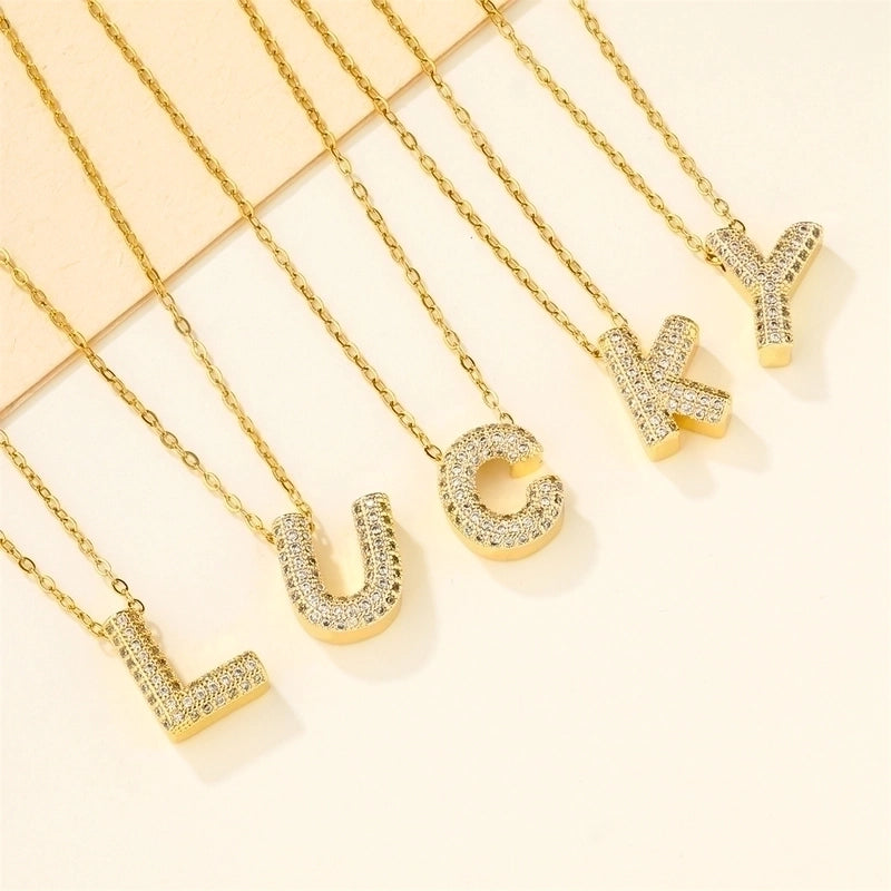 Copper 18K Gold Plated Casual Minimalist Inlay Letter Zircon Pendant Necklace