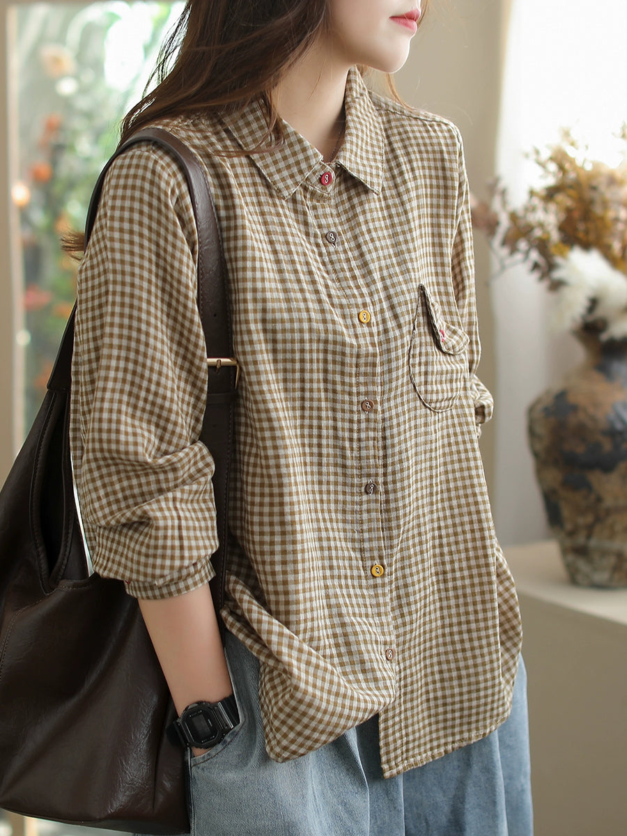 Women Summer Retro Plaid Turn-down Collar Shirt