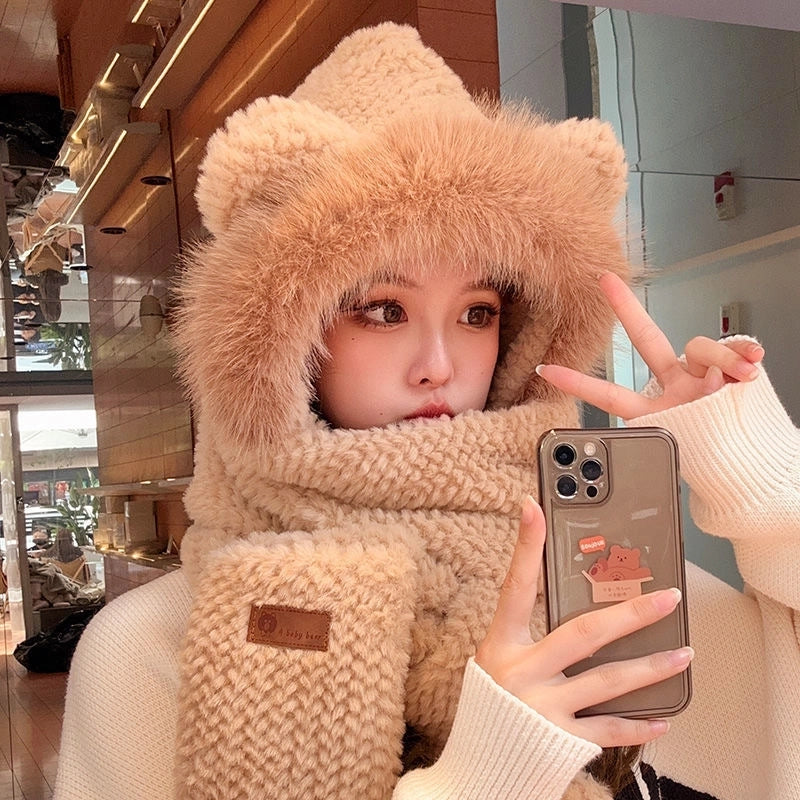 Cute Bear Ears Plush Hat Scarf Integrated Female Autumn And Winter Cycling Warm All-Matching Mask Ear Protection Scarf