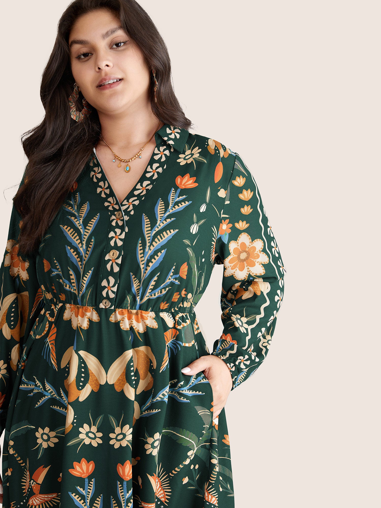 Bandana Print Pocket Lapel Collar Elastic Cuffs Dress