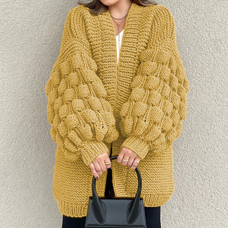 Retro Loose Puff Sleeves Thick Wool Knitted Cardigan