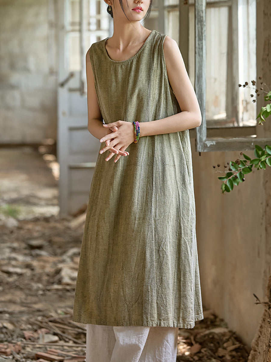 Women Summer Pure Color O-Neck Linen Vest Dress