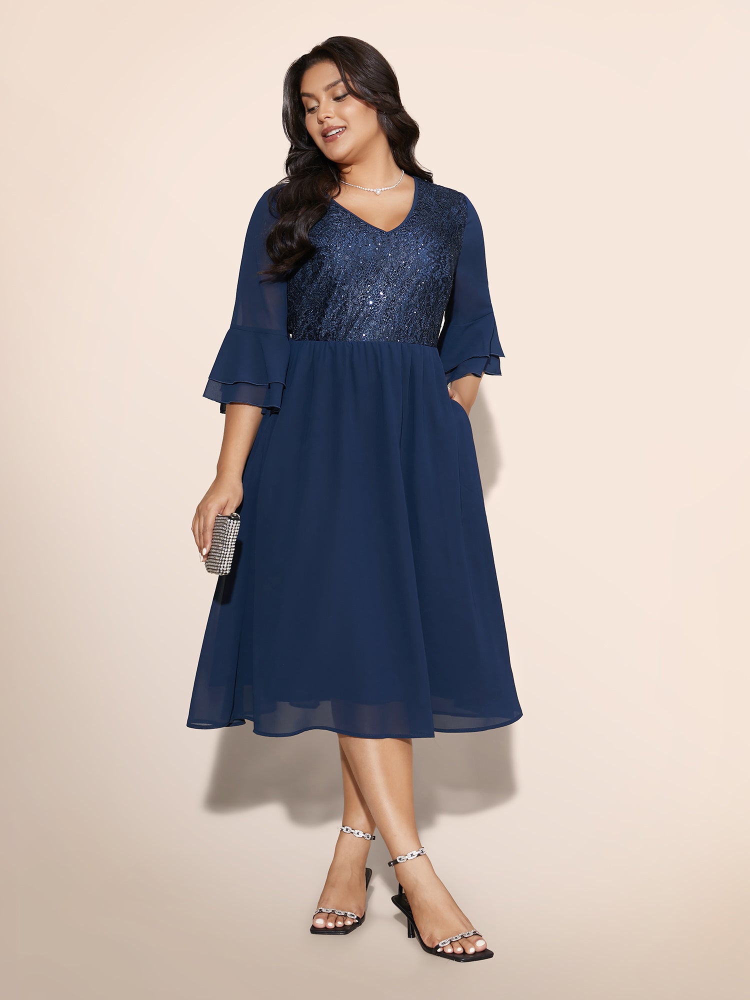 Patchwork Sequin Tiered Ruffle Sleeve Dress