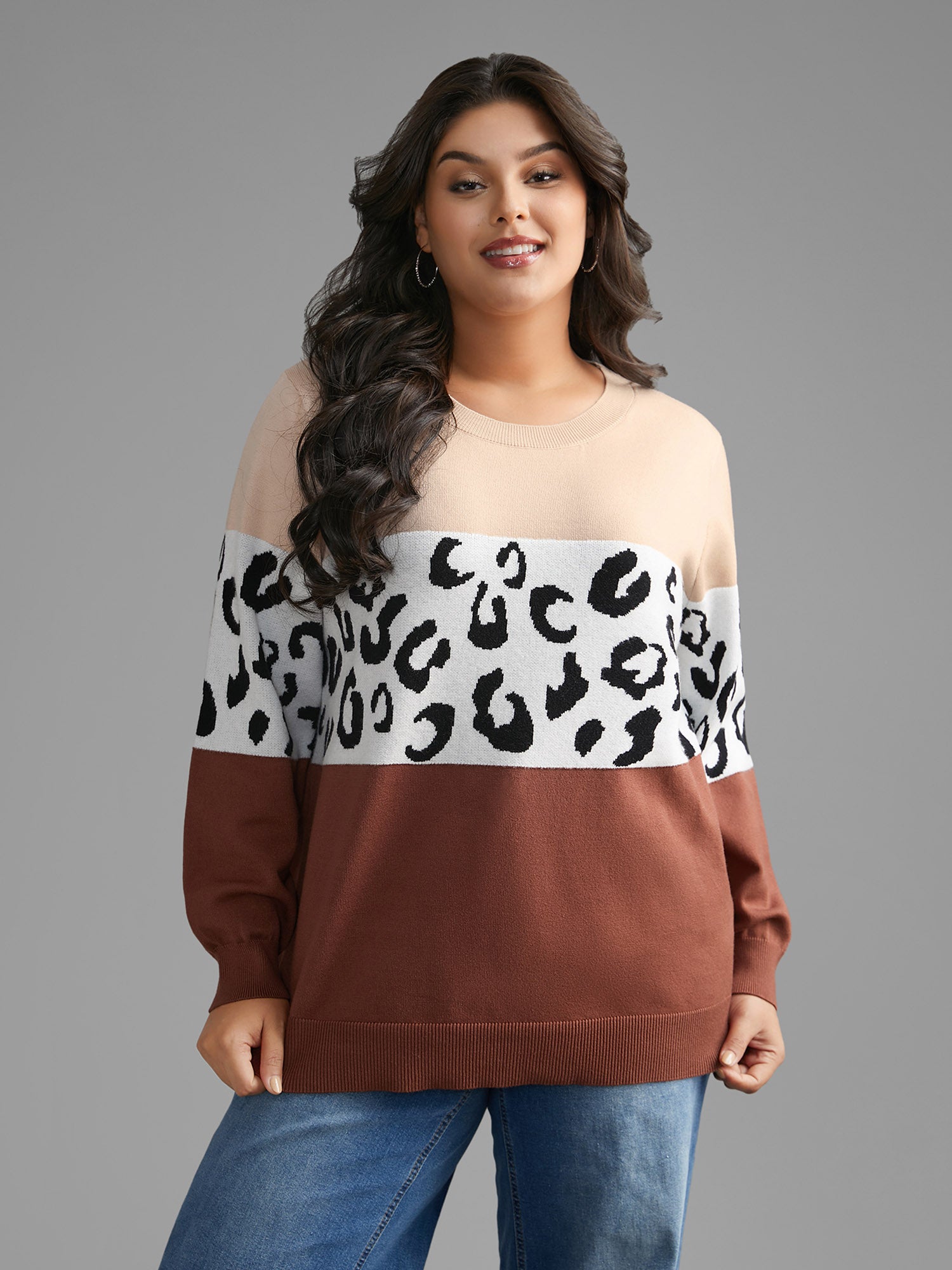 Crew Neck Leopard Print Contrast Pullover