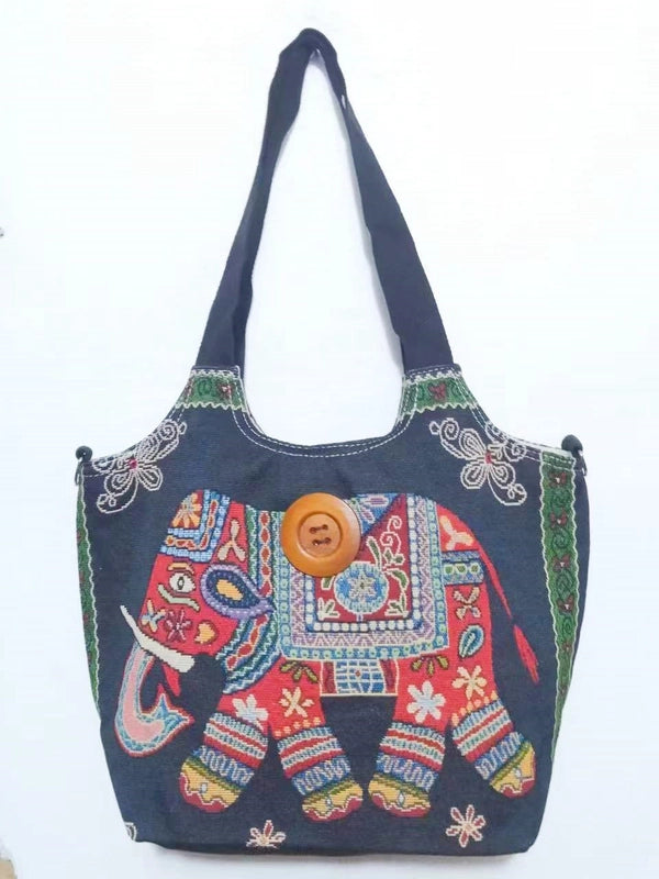 Women's Large Canvas Elephant Ethnic Style Square Zipper Shoulder Bag