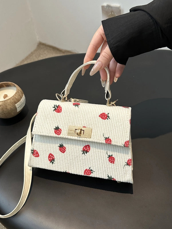 Women's Corduroy Strawberry Leopard Streetwear Square Flip Cover Handbag Crossbody Bag