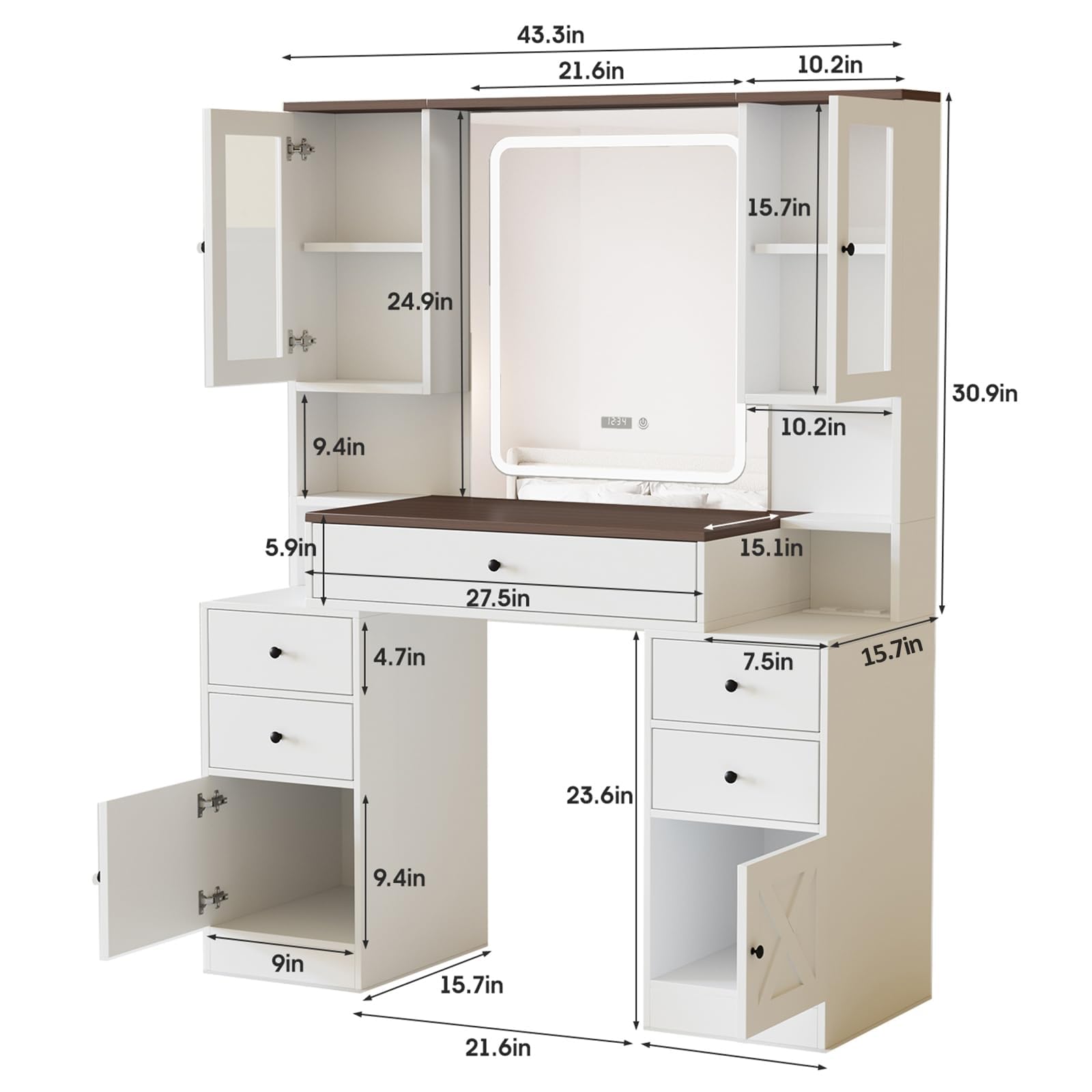 White Makeup Vanity Table Vanity Desk with Mirror and Lights, Power Strip