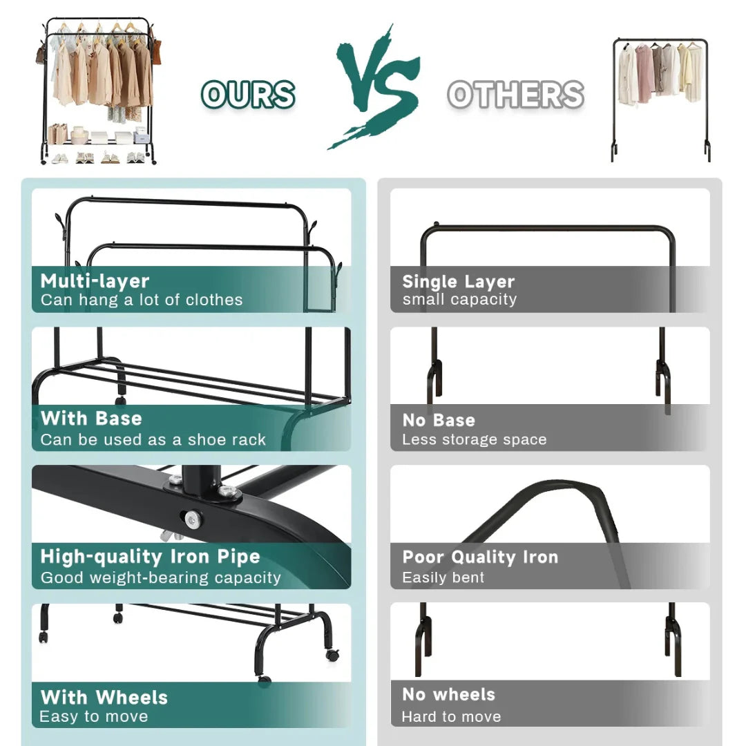 Garment Rack with Wheels. Double Pole Clothes Hanger
