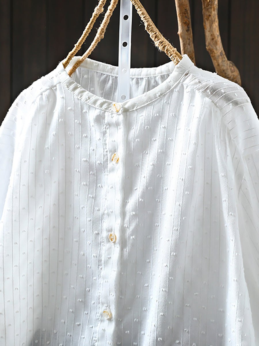 Women Summer Dot Jacquard Stand Collar 100%Cotton Shirt