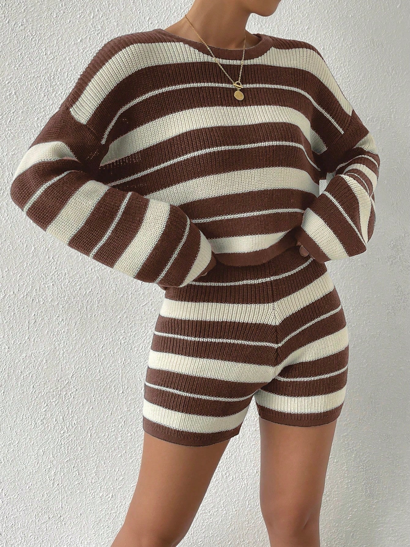 Essnce Striped Pattern Drop Shoulder Sweater & Knit Shorts