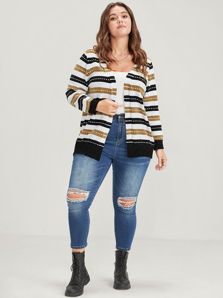 Striped Contrast Pointelle Knit Jacquard Open Front Cardigan