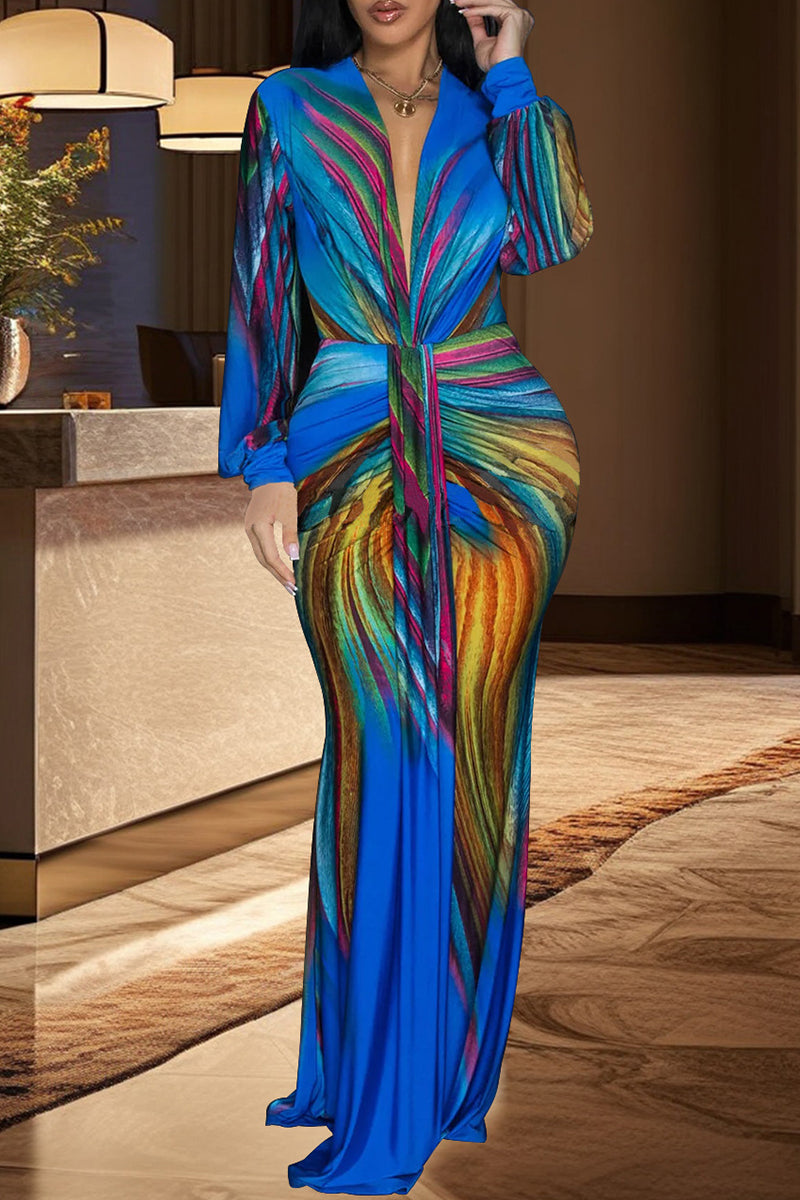 Celebrities Print Patchwork V Neck Long Dresses