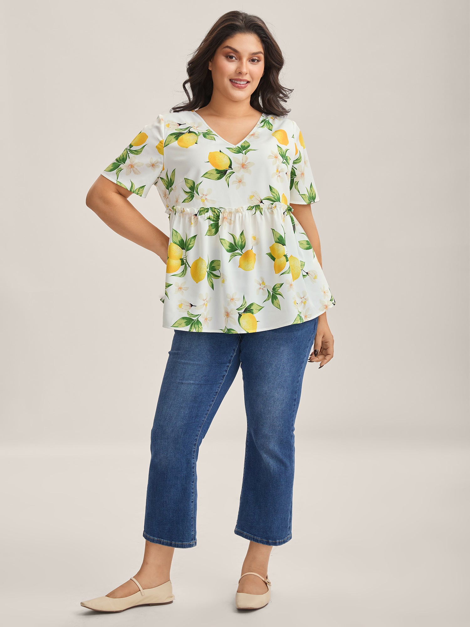 Citrus Print Petal Trim Blouse