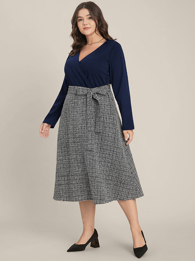 Plaid Patchwork Surplice Neck Belted Tweed Dress