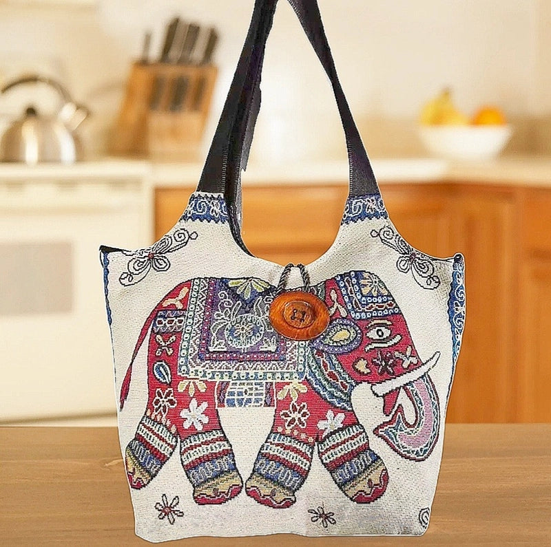Women's Large Canvas Elephant Ethnic Style Square Zipper Shoulder Bag