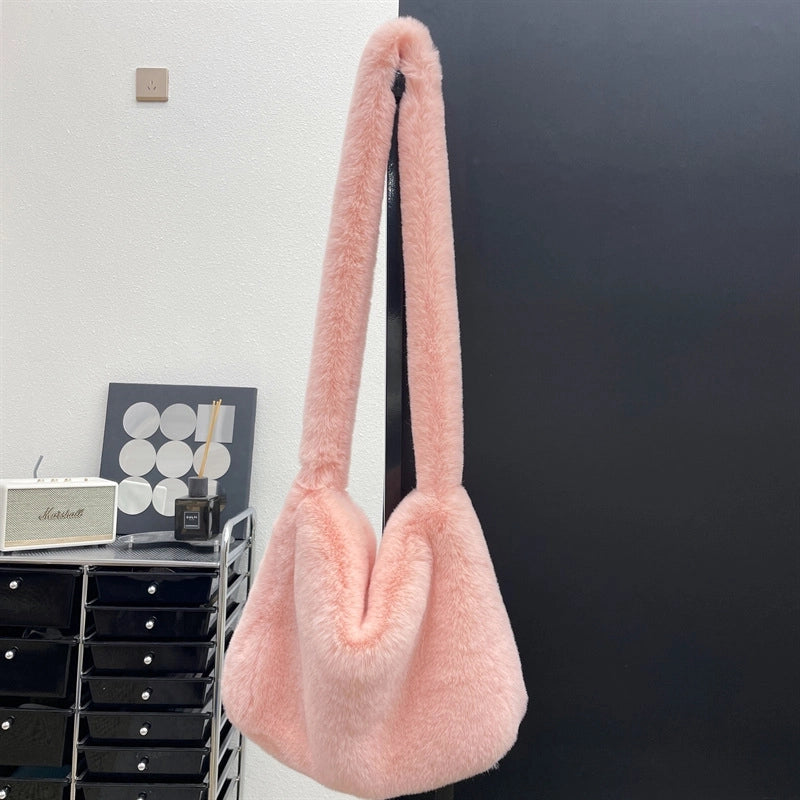 Women's Large All Seasons Plush Solid Color Streetwear Square Zipper Shoulder Bag