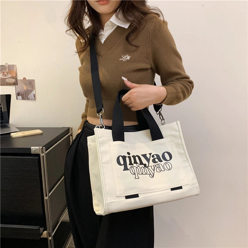 Women's All Seasons Canvas Letter Solid Color Preppy Style Classic Style Sewing Thread Square Hidden Buckle Shoulder Bag Canvas Bag Handbag