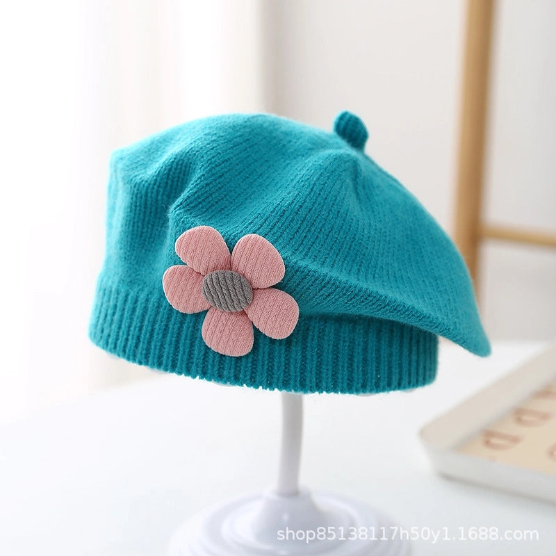 Baby Hat Autumn And Winter Baby Girls' Cute Flower Beret Children's Wool Hat Girls' Knitted Painter Hat Fashion