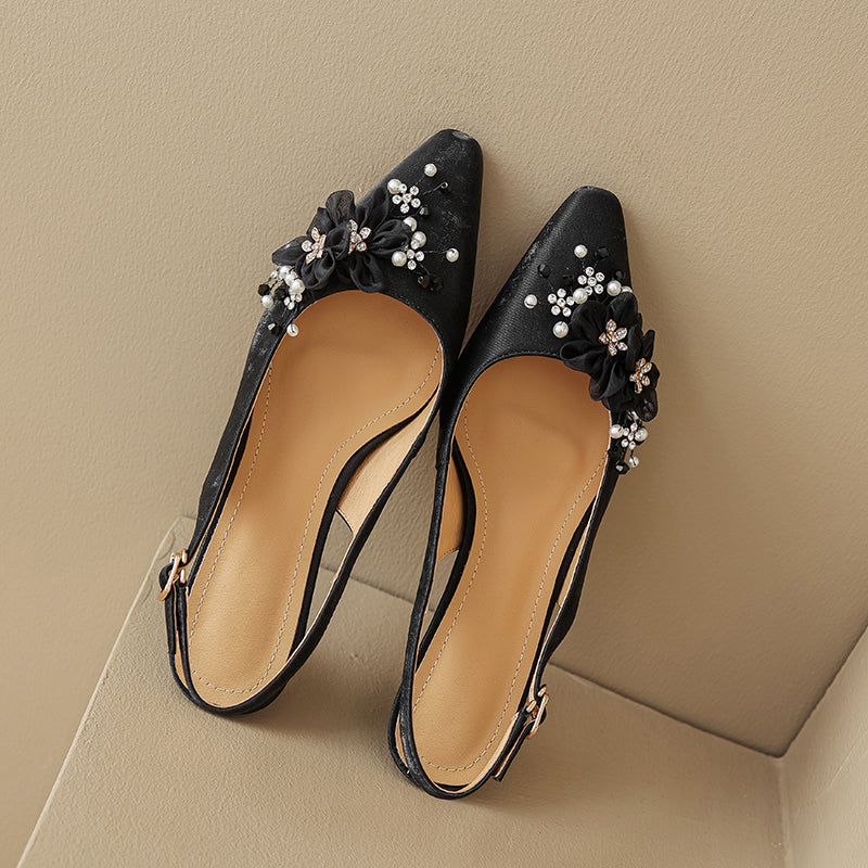 Floral Pointed Toe Slingback Kitten Pumps Elegant Leather Wedding Sandals in Black/Beige