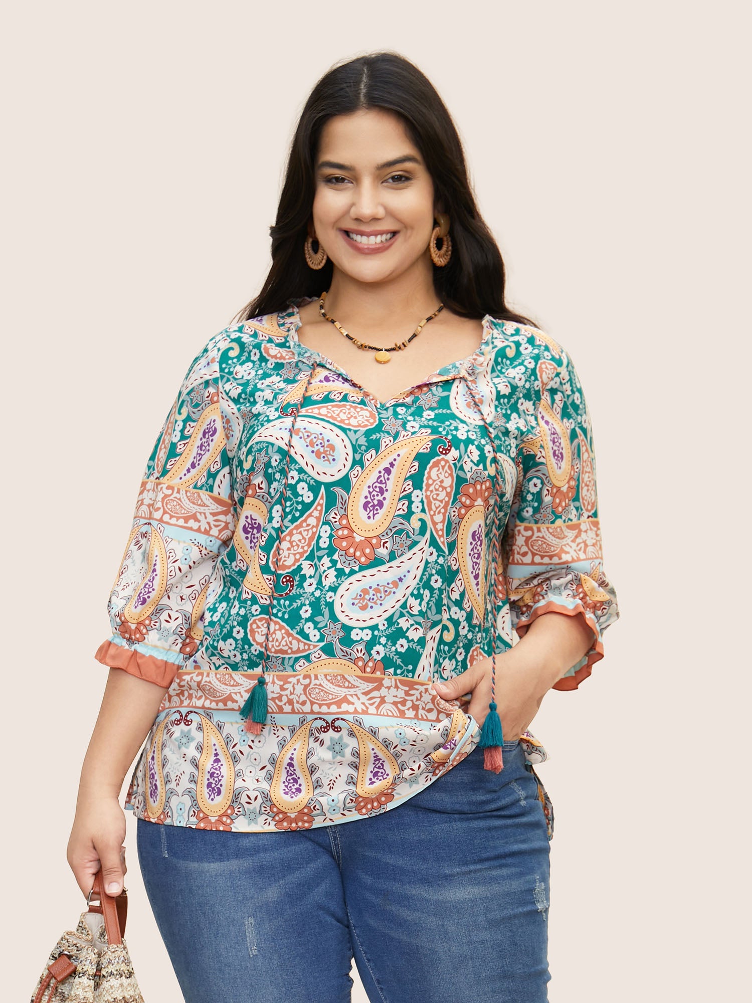 Boho Print Tassels Lantern Sleeve Blouse