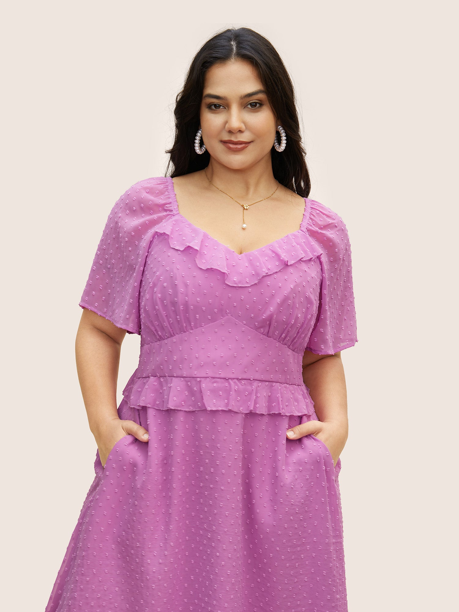 Textured Ruffles Shirred Raglan Sleeve Dress