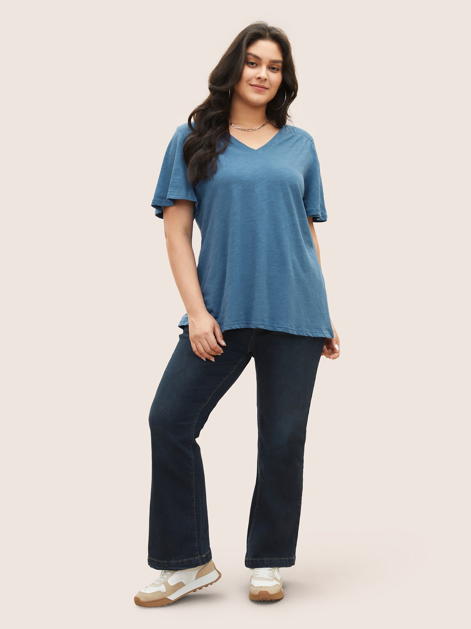 Plain Ruffle Sleeve Heather V Neck T-shirt