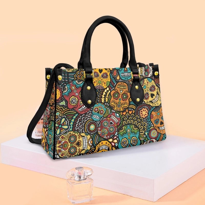 Halloween Women's Medium Pu Leather Human Floral Streetwear Square Hook Loop Customized Tote Bag