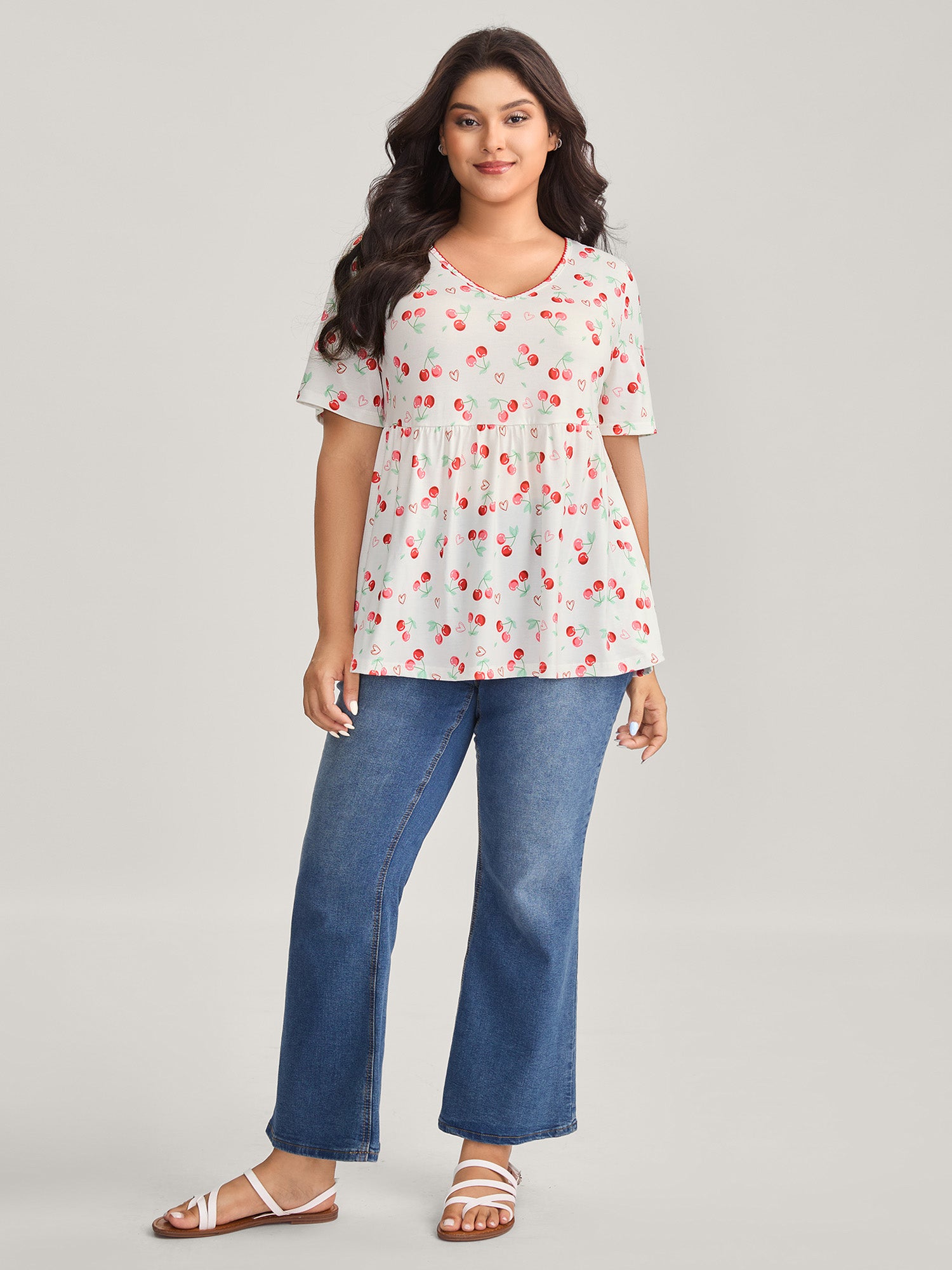 Cherry Print Embroidered V-Neck Top