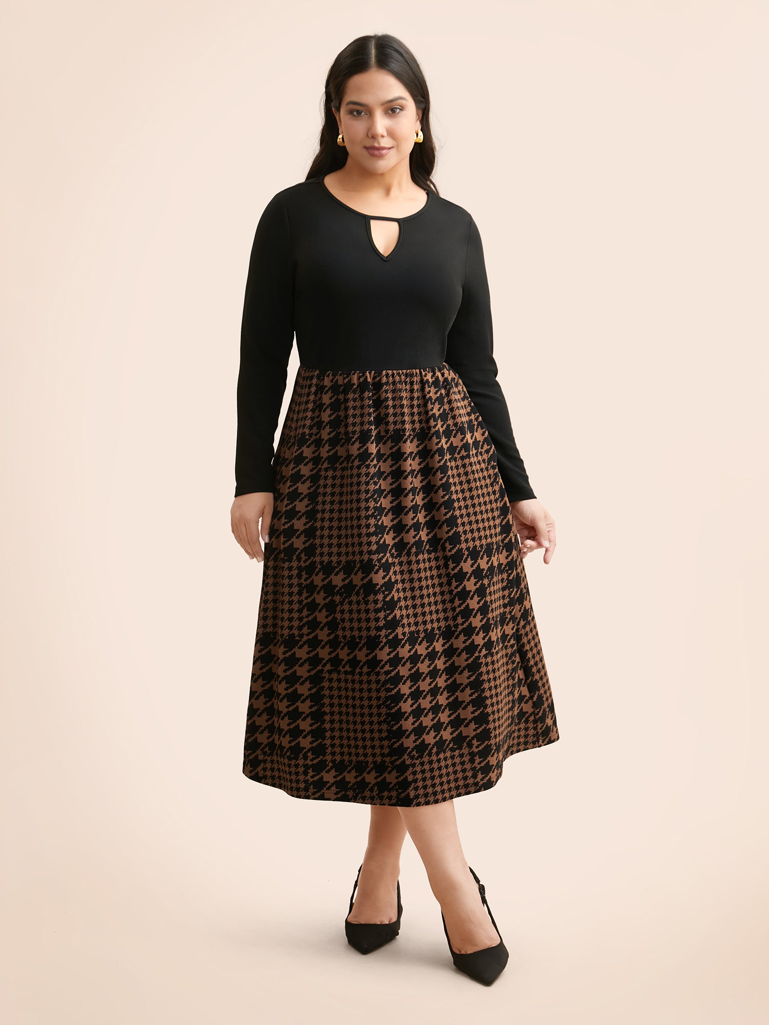 Houndstooth Patchwork Cut Out Midi Dress