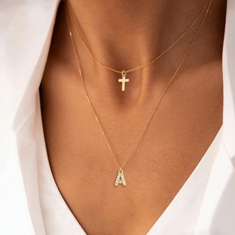 Elegant Minimalist Classic Style Cross Letter 201 Stainless Steel 304 Stainless Steel Copper Zircon Inlay Stainless Steel Necklaces