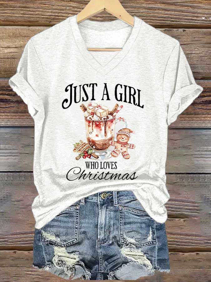 Women's Just A Girl Who Loves Christmas Print Casual V-Neck T-Shirt