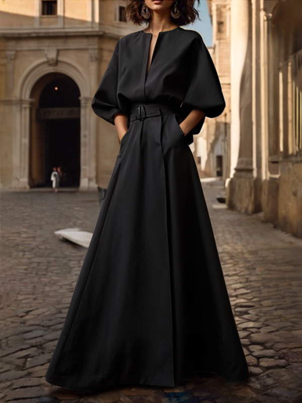 Half Sleeves Loose Belted Solid Color Deep V-Neck Maxi Dresses