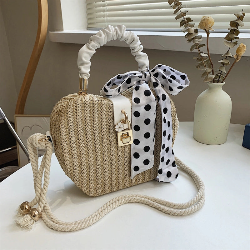 Women's Medium Straw Solid Color Vacation Beach Ribbon Weave Lock Clasp Straw Bag