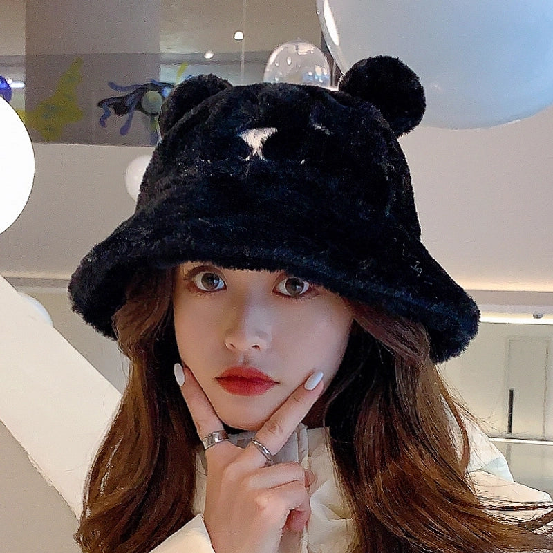 Fisherman Hat Women's Autumn And Winter Korean Style Trendy Bear Sweet Cute Lamb Plush Thickened Warm Ear Basin Hat