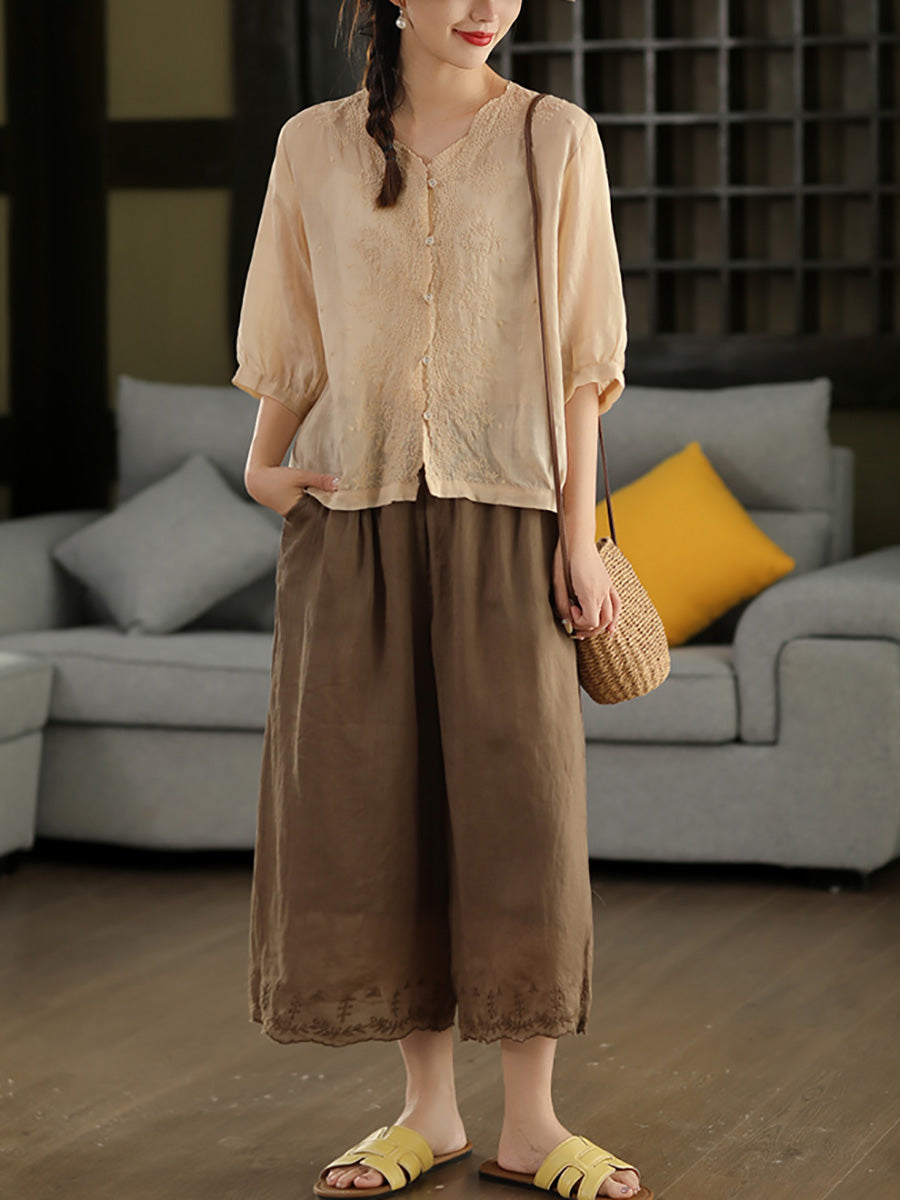 Women Summer Vintage Embroidery V-neck 100%Raime Shirt